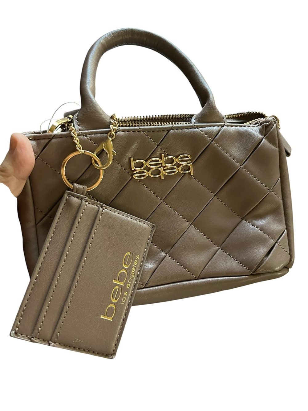 NWOT bebe Quilted Taupe Mini Satchel, Crossbody with Cardholder, Gold Hardware